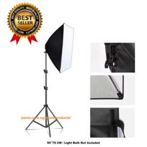 Studio softbox lighting kit with adjustable tripod stand and lamp holder for photography and video shooting